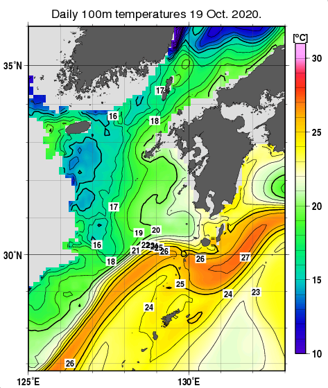 九州・山口県周辺海域の深さ100mの水温分布図（10月19日）