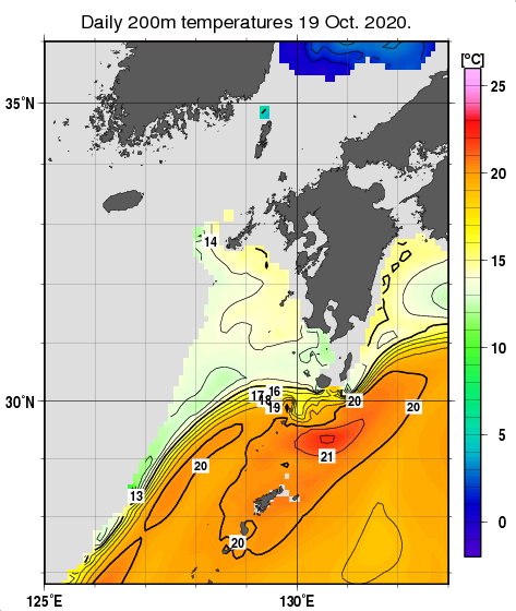 九州・山口県周辺海域の深さ200mの水温分布図（10月19日）