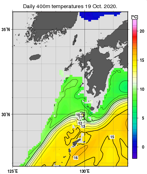 九州・山口県周辺海域の深さ400mの水温分布図（10月19日）