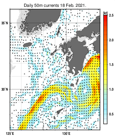 九州・山口県周辺海域の深さ50mの海流分布図（2月18日）