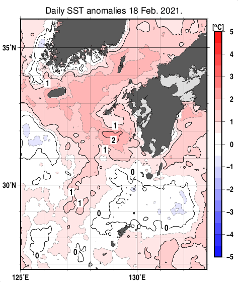 九州・山口県周辺海域の海面水温平年差分布図（2月18日）