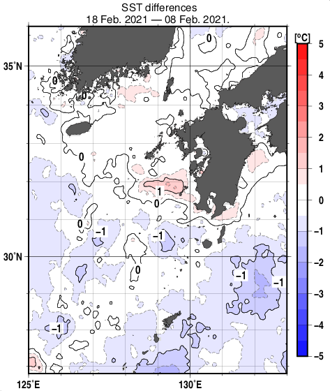 九州・山口県周辺海域の10日間の海面水温変化量分布図（2月18日）