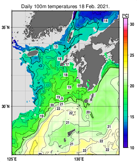 九州・山口県周辺海域の深さ100mの水温分布図（2月18日）