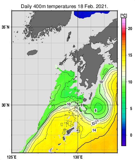 九州・山口県周辺海域の深さ400mの水温分布図（2月18日）