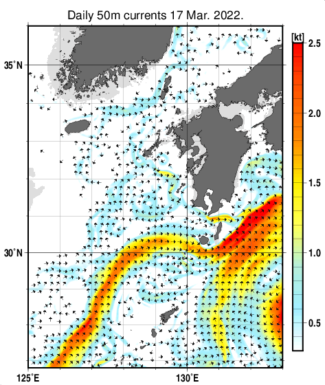 九州・山口県周辺海域の深さ50mの海流分布図（3月17日）