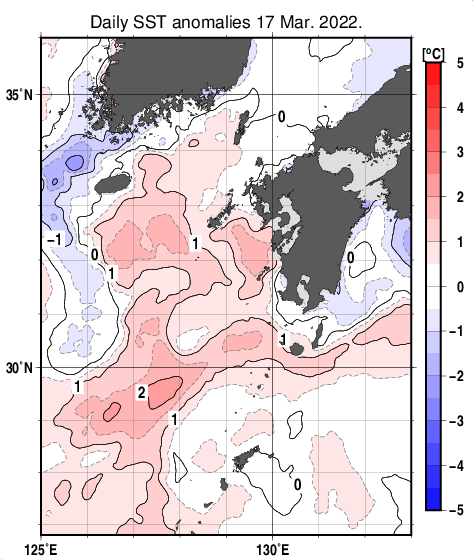 九州・山口県周辺海域の海面水温平年差分布図（3月17日）