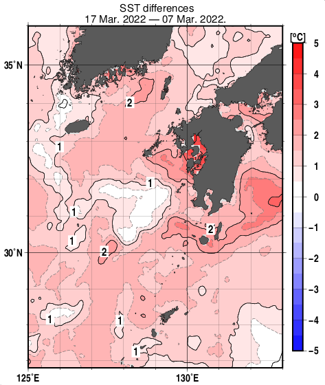 九州・山口県周辺海域の10日間の海面水温変化量分布図（3月17日）