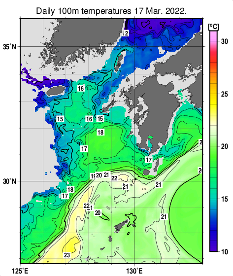 九州・山口県周辺海域の深さ100mの水温分布図（3月17日）