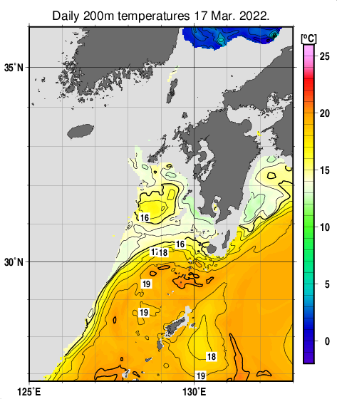 九州・山口県周辺海域の深さ200mの水温分布図（3月17日）