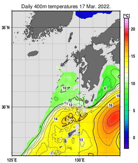 九州・山口県周辺海域の深さ400mの水温分布図（3月17日）