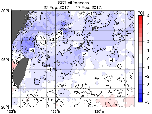 沖縄周辺海域の10日間の海面水温変化量分布図（2月27日）