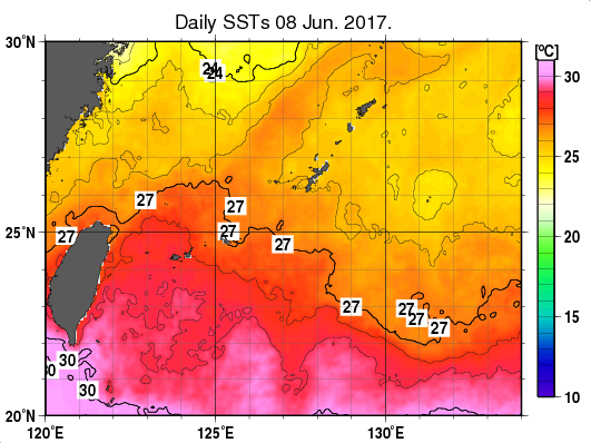 沖縄周辺海域の海面水温分布図（6月8日）