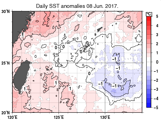 沖縄周辺海域の海面水温平年差分布図（6月8日）