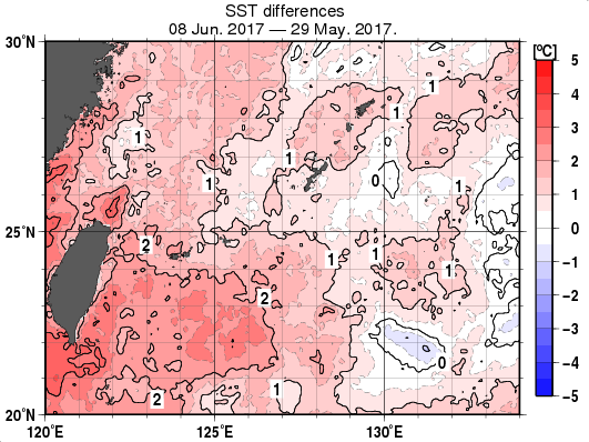 沖縄周辺海域の10日間の海面水温変化量分布図（6月8日）