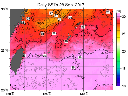 沖縄周辺海域の海面水温分布図（9月28日）