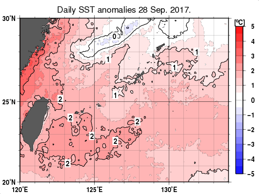 沖縄周辺海域の海面水温平年差分布図（9月28日）