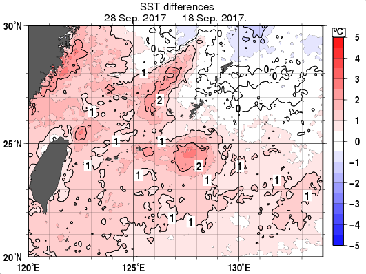 沖縄周辺海域の10日間の海面水温変化量分布図（9月28日）