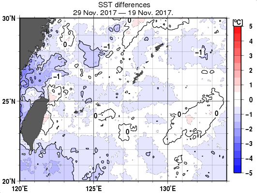 沖縄周辺海域の10日間の海面水温変化量分布図（11月29日）