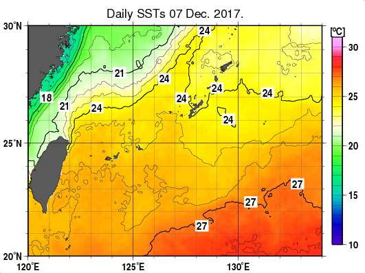 沖縄周辺海域の海面水温分布図（12月7日）