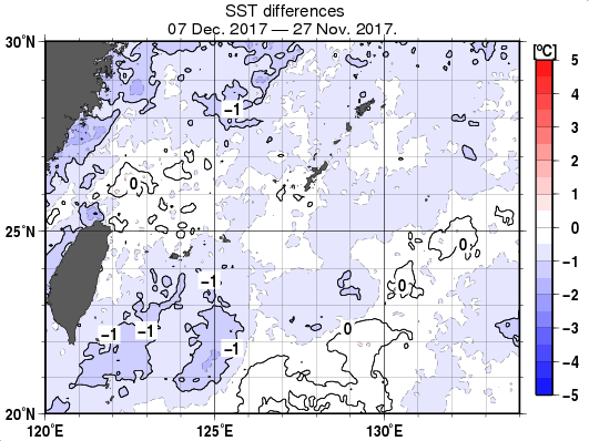 沖縄周辺海域の10日間の海面水温変化量分布図（12月7日）