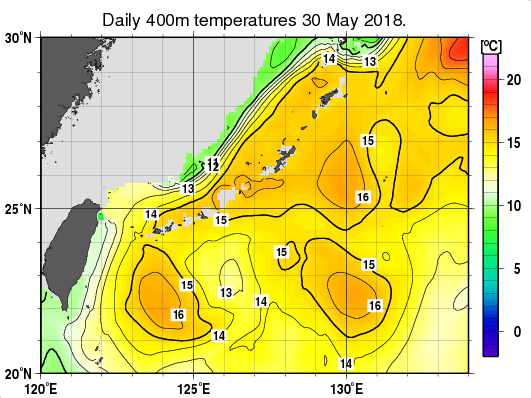 沖縄周辺海域の深さ400mの水温分布図（5月30日）