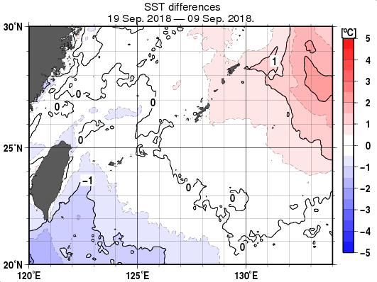 沖縄周辺海域の10日間の海面水温変化量分布図（9月19日）