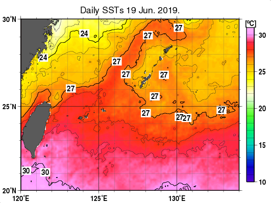 沖縄周辺海域の海面水温分布図（6月19日）