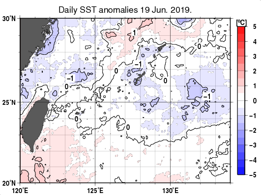 沖縄周辺海域の海面水温平年差分布図（6月19日）