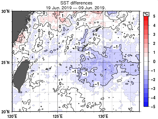 沖縄周辺海域の10日間の海面水温変化量分布図（6月19日）