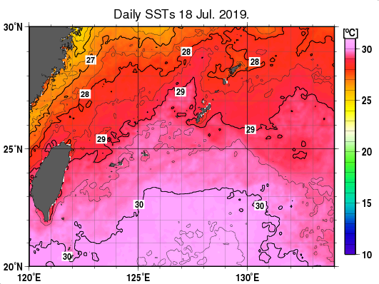 沖縄周辺海域の海面水温分布図（7月18日）