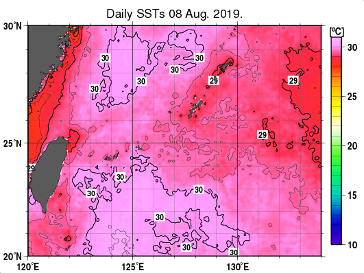沖縄周辺海域の海面水温分布図（8月8日）