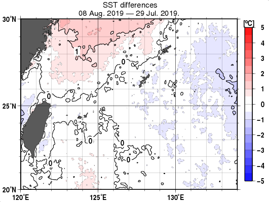 沖縄周辺海域の10日間の海面水温変化量分布図（8月8日）