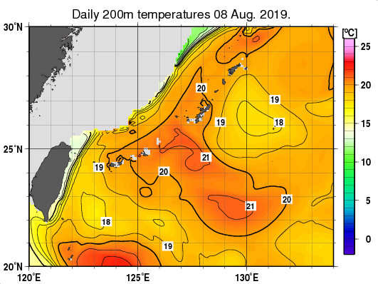 沖縄周辺海域の深さ200mの水温分布図（8月8日）