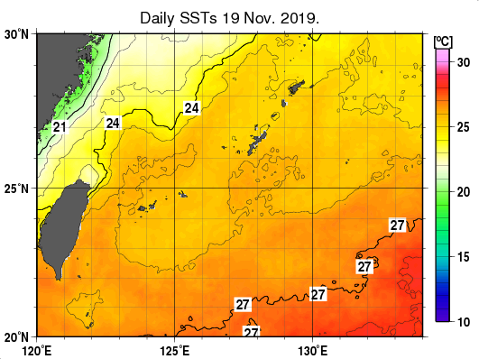 沖縄周辺海域の海面水温分布図（11月19日）