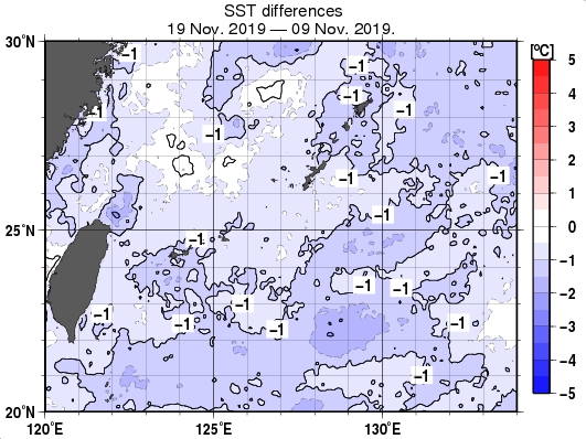 沖縄周辺海域の10日間の海面水温変化量分布図（11月19日）