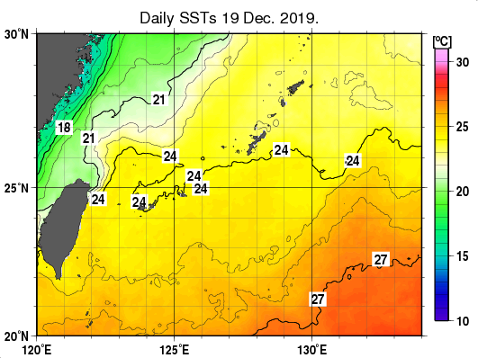 沖縄周辺海域の海面水温分布図（12月19日）