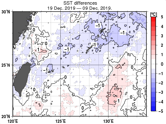 沖縄周辺海域の10日間の海面水温変化量分布図（12月19日）