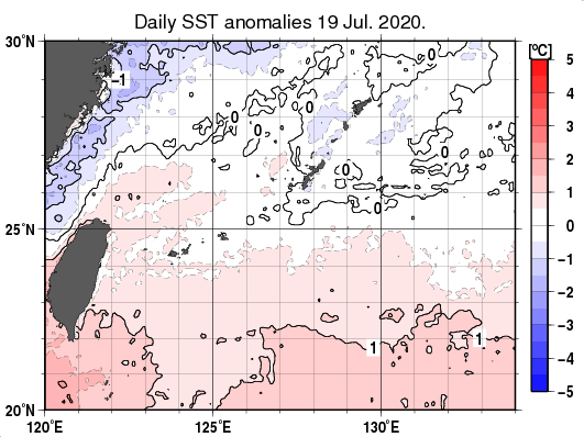 沖縄周辺海域の海面水温平年差分布図（7月19日）