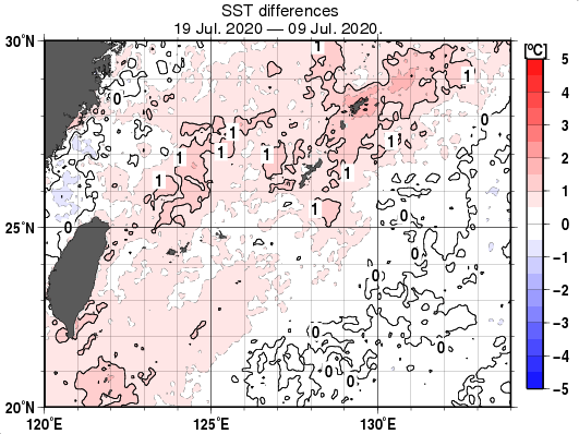沖縄周辺海域の10日間の海面水温変化量分布図（7月19日）