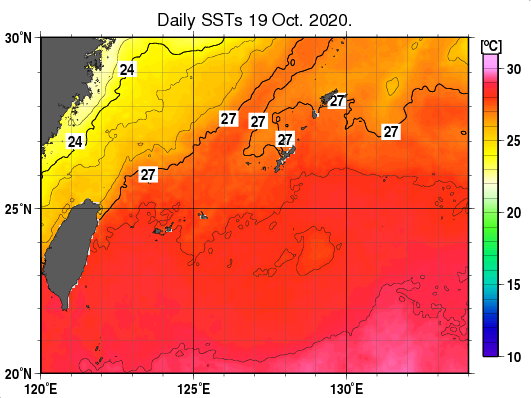 沖縄周辺海域の海面水温分布図（10月19日）