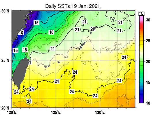 沖縄周辺海域の海面水温分布図（1月19日）