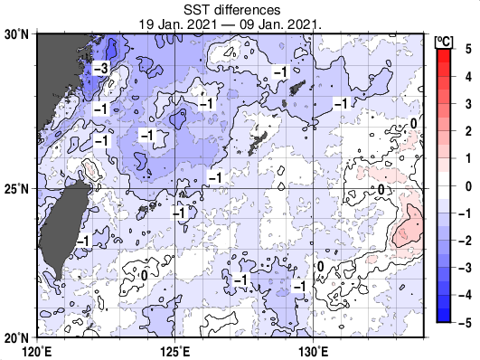 沖縄周辺海域の10日間の海面水温変化量分布図（1月19日）