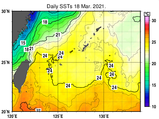 沖縄周辺海域の海面水温分布図（3月18日）