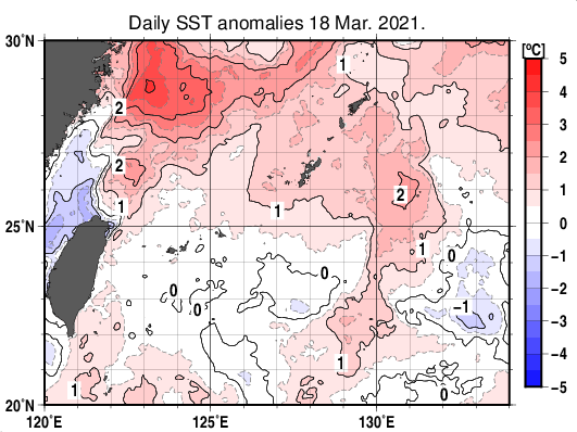 沖縄周辺海域の海面水温平年差分布図（3月18日）