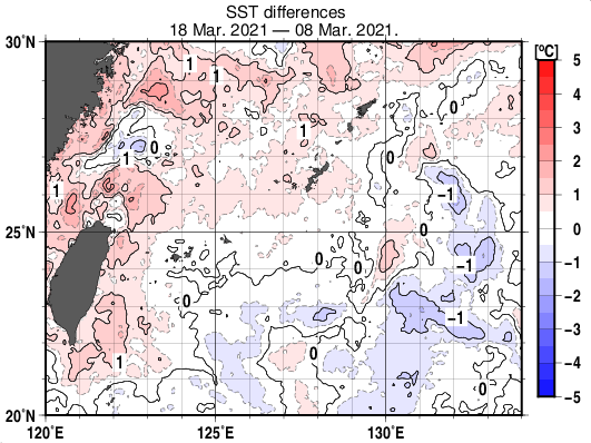 沖縄周辺海域の10日間の海面水温変化量分布図（3月18日）