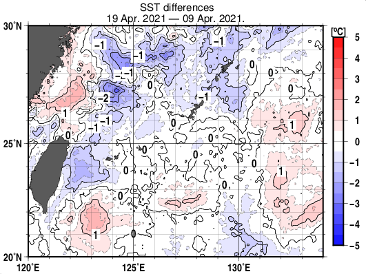 沖縄周辺海域の10日間の海面水温変化量分布図（4月19日）