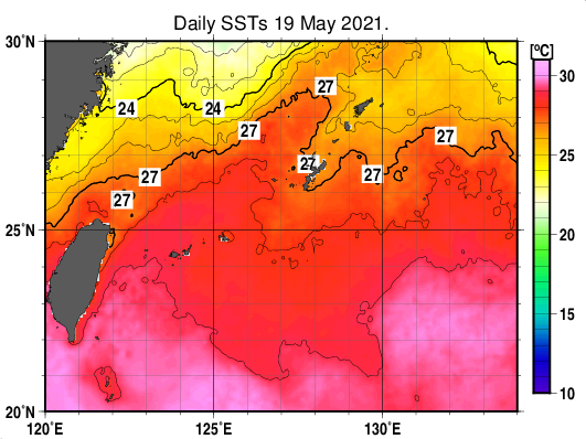 沖縄周辺海域の海面水温分布図（5月19日）