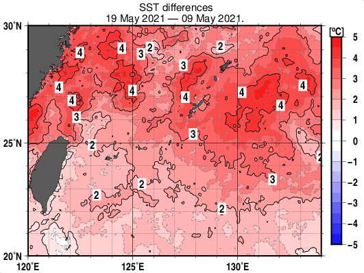 沖縄周辺海域の10日間の海面水温変化量分布図（5月19日）