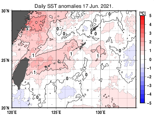 沖縄周辺海域の海面水温平年差分布図（6月17日）