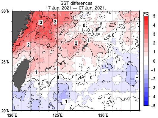 沖縄周辺海域の10日間の海面水温変化量分布図（6月17日）